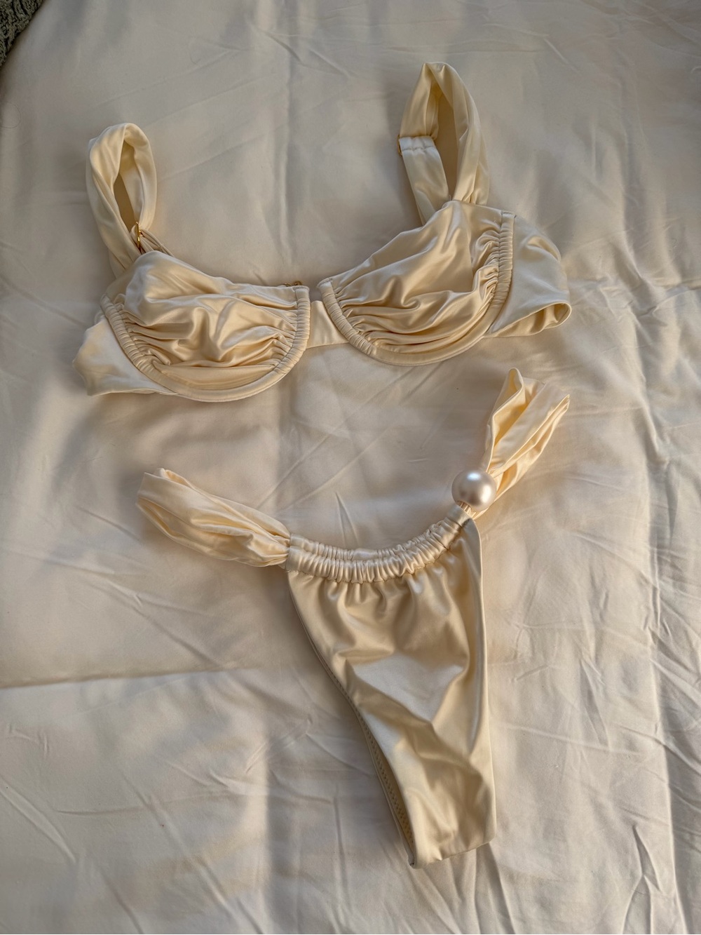 Montce Satin Pearl-Embellished Bikini Set in Cream